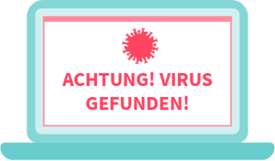 Auf einem Bildschirm steht unter einem Virus "Achtung! Virus gefunden!".