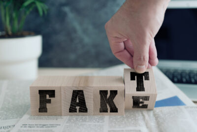 FAKE or FAKT, German for fact, on wooden blocks on newspaper