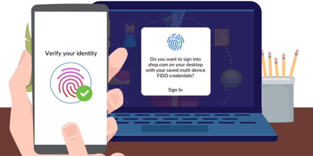 Eine Illustration zeigt, wie eine biometrische Nachweis am Smartphone das Passwort ersetzen könnte. Bild: Fido Alliance