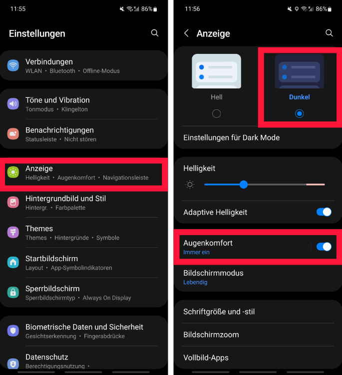 Digital Detox: Darkmode und Blaulichtfilter bei Android.